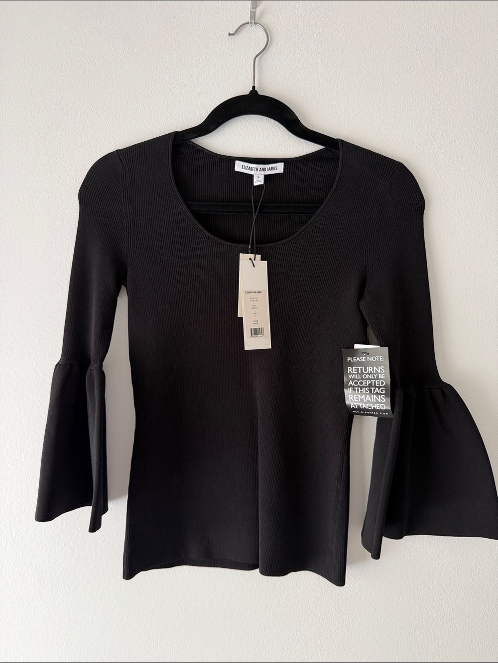 Elizabeth and James Black Ribbed Bell-Sleeve Top